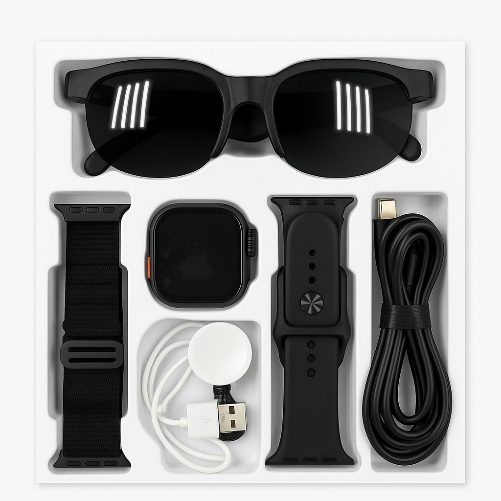 RM43 Smart Combo Set – Smartwatch + Sunglasses + Accessories (6-in-1 Kit)